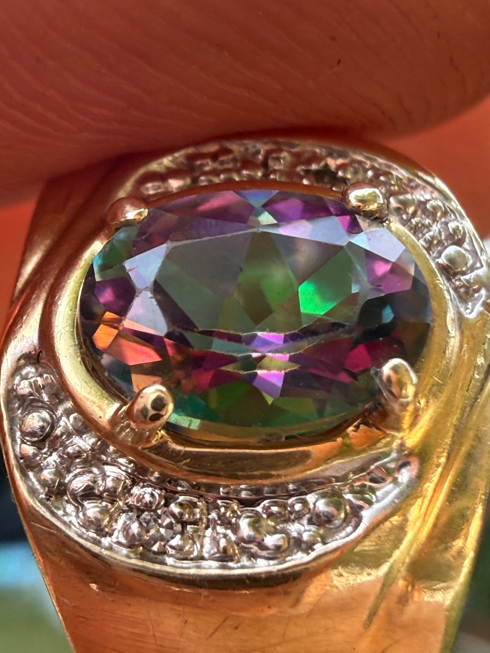 Vintage Estate Solid 10K Yellow Gold Oval Mystic Topaz & Diamond Accent Ring 10